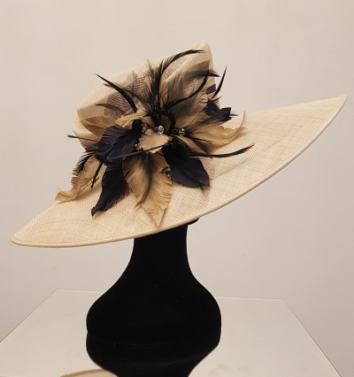  Large Round Gold & Navy Feather Hat